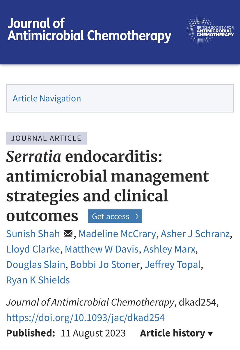 【Serratia endocarditis】JAC Aug 11, 2023

👉N=75, 🇺🇸 @IDPittStop 
👉85% were people who inject drugs
👉Combination therapy was associated with lower rates of microbiological failure and 90 day mortality

academic.oup.com/jac/advance-ar…