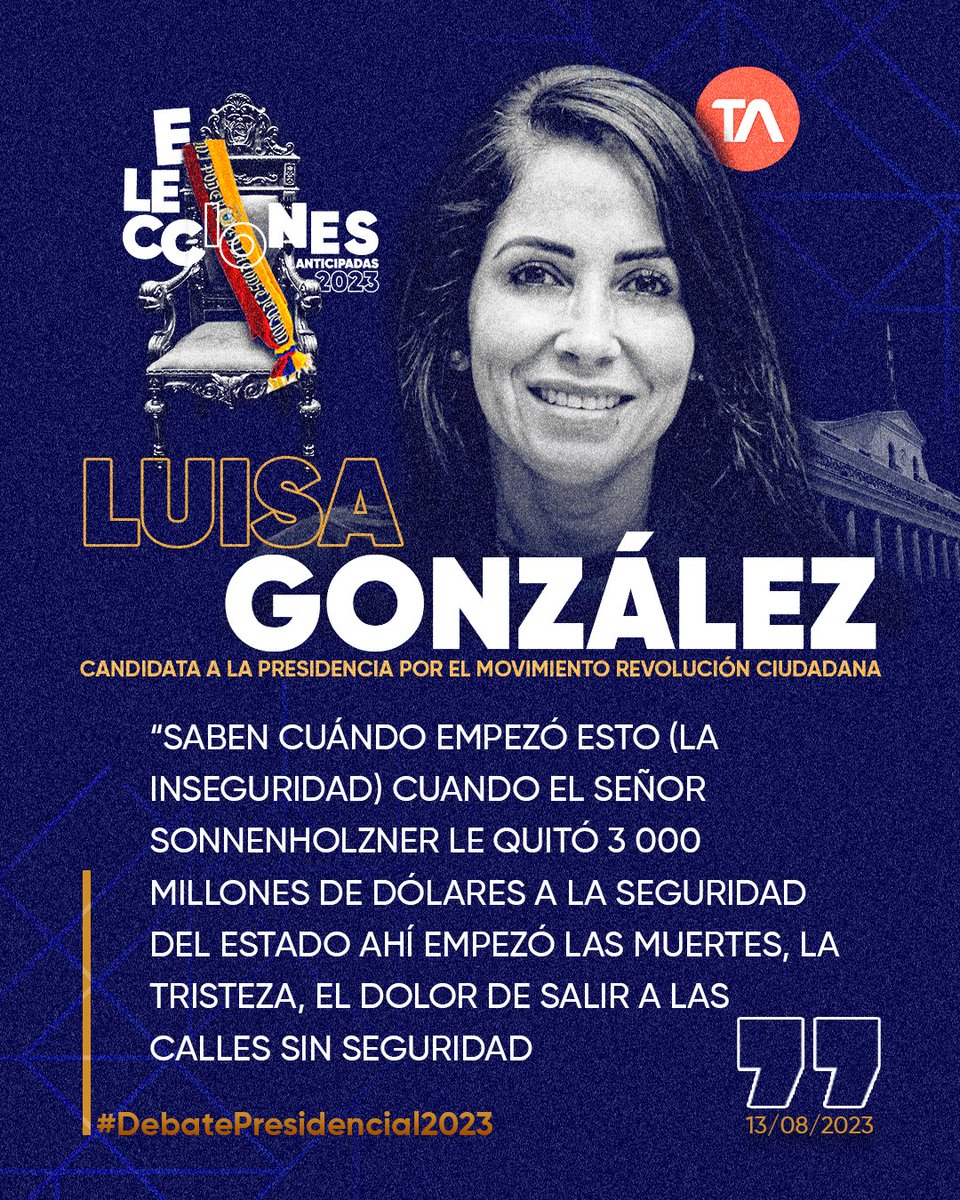 teleamazonasec's tweet photo. #DebatePresidencial2023 “Saben cuándo empezó esto (la inseguridad) cuando el señor Sonnenholzner le quitó 3 000 millones de dólares a la seguridad del Estado ahí empezó las muertes, la tristeza, el dolor de salir a las calles sin seguridad”. Luisa González, candidata a la Presidencia por el Movimiento Revolución Ciudadana https://t.co/WmOywDioqD