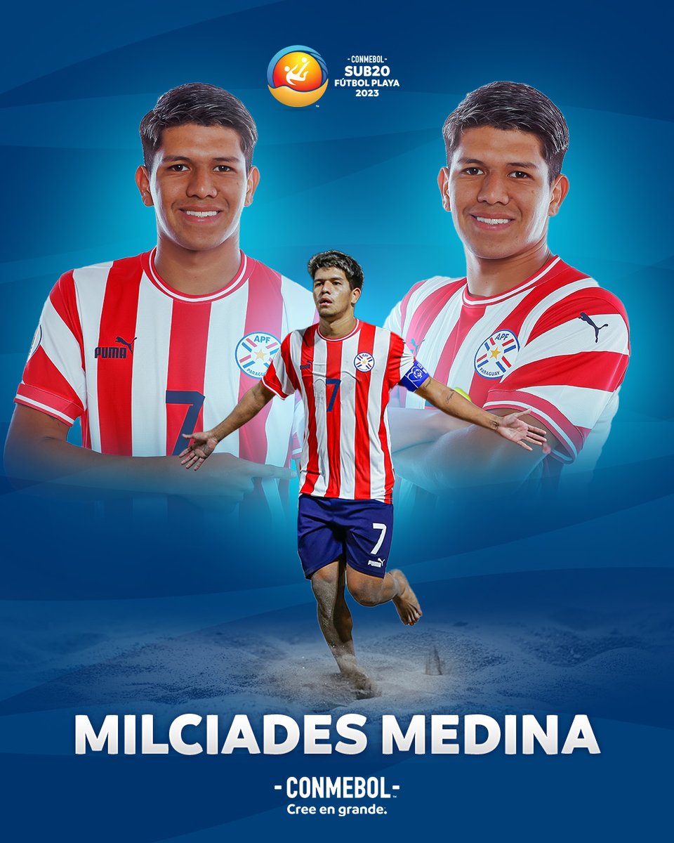 CONMEBOL's tweet photo. La noche soñada de Milciades Medina: marcó 4⃣ goles ante @BrBeachSoccer y fue campeón de la CONMEBOL Sub20 Fútbol Playa con @lospynandipy ⭐️🇵🇾

#Sub20FP #CreeEnGrande https://t.co/4m1QfufrIW