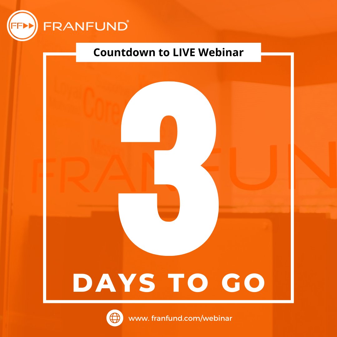 The countdown is on! We are three days away from our LIVE Webinar kickoff. Make sure to register with the link so you don't miss out! We look forward to seeing you there!

 #FranFund #Financing #Franchisefunding #Fundingdreams #futuregoals #Finance #Financeindustry #funding