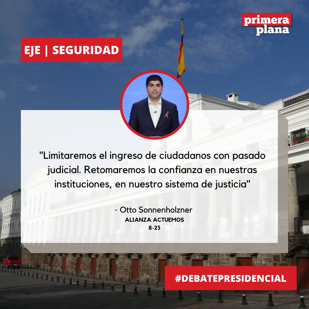 #DebatePresidencial2023 | El candidato <a href="/ottosonnenh/">Otto Sonnenholzner</a>  señaló: "Respaldaremos a la fuerza pública, que cuando un delincuente atente contra la vida de un ecuatoriano, sepa que le van a dar el tiro que se merece"; y explicó que limitará el ingreso de ciudadanos con pasado judicial.