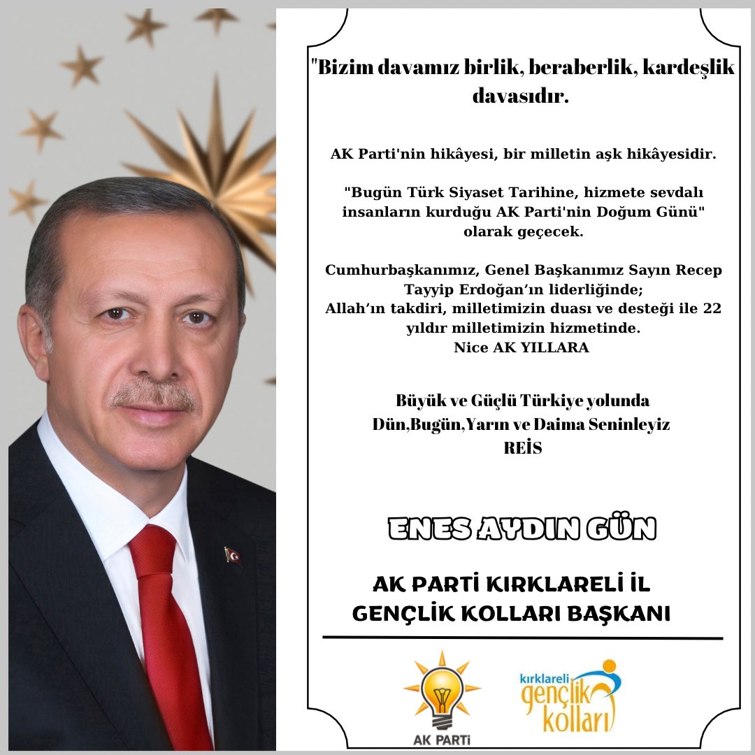 "Bizim davamız birlik, beraberlik, kardeşlik davasıdır. 

AK Parti'nin hikâyesi, bir milletin aşk hikâyesidir.

Büyük ve Güçlü Türkiye yolunda Dün,Bugün,Yarın ve Daima Seninleyiz.
#AKParti22Yaşında <a href="/RTErdogan/">Recep Tayyip Erdoğan</a>