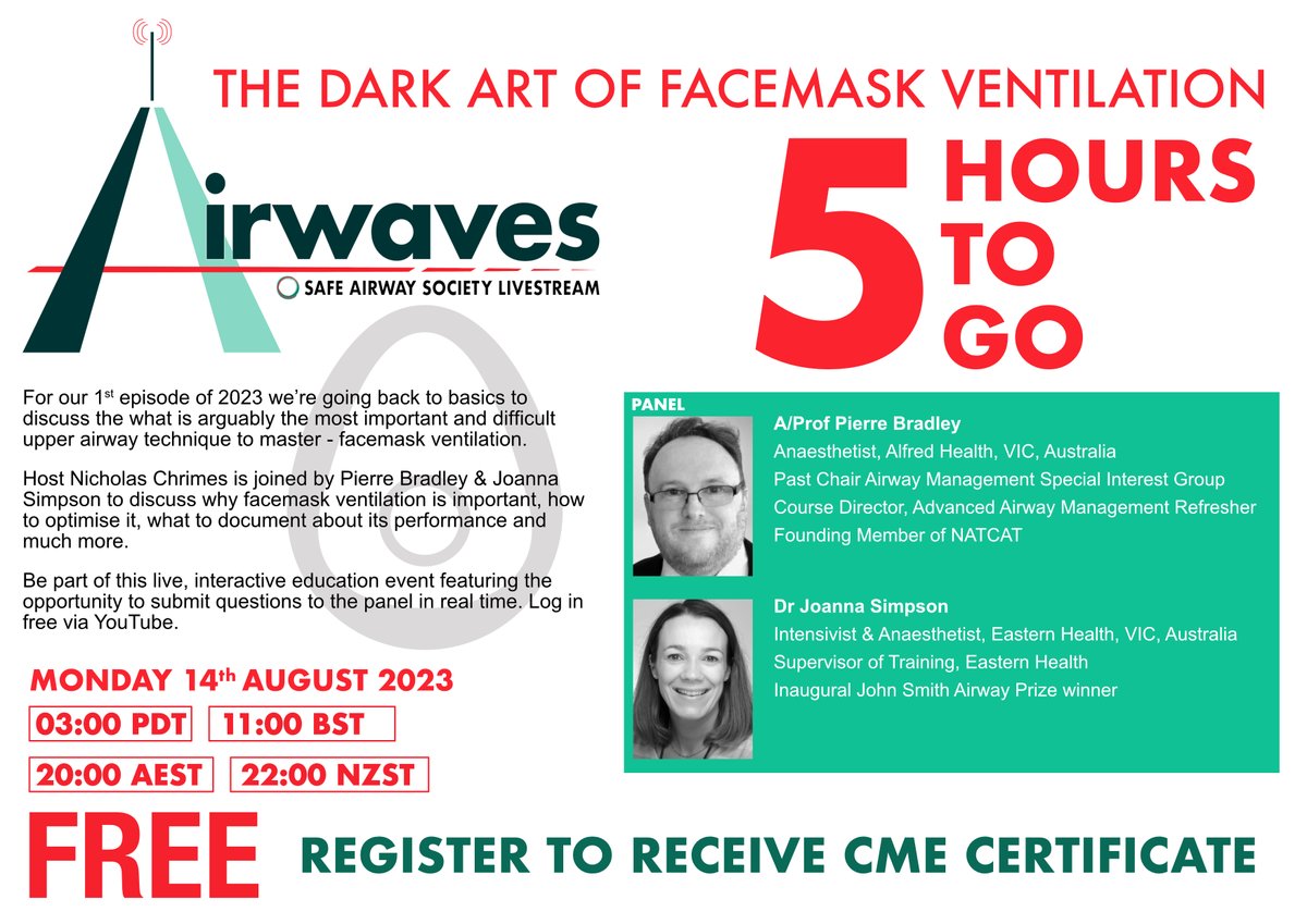SafeAirway's tweet photo. Our free @AirwavesLive livestream starts in just 5 hours at 20:00 AEST. Join @NicholasChrimes &amp; guests @lowebrad &amp; @josimpson11 as they discuss 'The Dark Art of FMV'

Livestream link: https://t.co/5DrCT36xc3

Register free to receive a CME certificate: https://t.co/hZYqmt6uH3 https://t.co/W2MMoVorFp