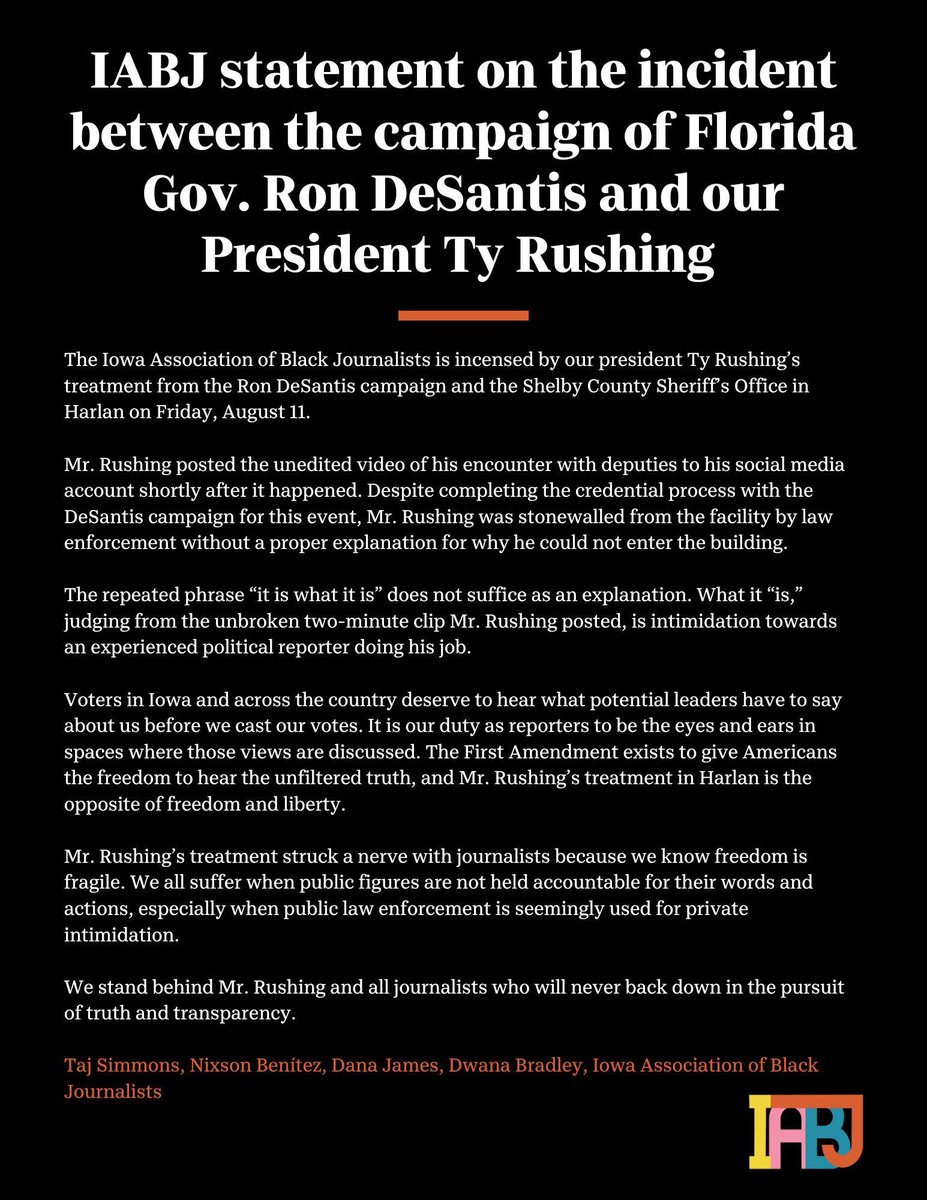 IABJ Board statement on the incident between the campaign of Florida Gov. Ron DeSantis and our president Ty Rushing: