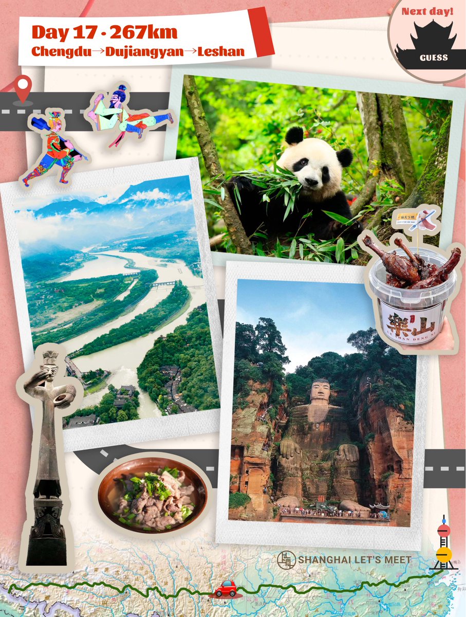 ShLetsMeet's tweet photo. #Route318 – 𝒟𝒶𝓎 17
📍 𝘋𝘶𝘫𝘪𝘢𝘯𝘨𝘺𝘢𝘯
☀️ 𝘚𝘶𝘯𝘯𝘺
Setting off from #Chengdu, we're about to dive into an incredible journey on the legendary #Sichuan-#Tibet Highway, part of #Route318. This highway, one of the world's highest, stretches all the way to #Lhasa in the west, traversing through valleys, plateau lakes, glaciers and snow-capped mountains. It's a year-round magnet for backpackers and road-trippers due to the diverse landscapes along the route.
But before we embrace the Sichuan-Tibet highway adventure, there's one essential stop in Chengdu: a #panda rendezvous.
𝗣𝗮𝗻𝗱𝗮 𝗧𝗿𝗮𝗶𝗹: Get up early and save half a day for Chengdu Research Base of Giant Panda Breeding, or Chengdu Panda Base, a top choice to refuel on adorable energy. Pandas spend most of their afternoons snoozing, particularly during the peak of midsummer. Try to visit in the morning, when they are most active.
𝗘𝗽𝗶𝗰 𝗪𝗮𝘁𝗲𝗿 𝗖𝗼𝗻𝘀𝗲𝗿𝘃𝗮𝗻𝗰𝘆 𝗣𝗿𝗼𝗷𝗲𝗰𝘁: Next stop, #Dujiangyan over the Minjiang River in the western Sichuan Basin. It is located between the Qinghai-Tibet Plateau and the Chengdu Plain. Built over 2,200 years ago, the Dujiangyan water conservancy project (都江堰水利工程) is the world's oldest irrigation and flood-control system that still functions. The unprecedented project greatly promoted the development of #agriculture. The Chengdu Plain has since embraced tremendous fertility.
𝗚𝗶𝗮𝗻𝘁 𝗕𝘂𝗱𝗱𝗵𝗮: Make a stop at #Leshan (乐山), home to the Giant Buddha, which is on the #UNESCO World Heritage List. The towering 71m statue, believed to be the world's largest #Buddha, overlooking three converging rivers outside the city. Carved directly from the cliff rock of Mount Lingyun during the Tang Dynasty, it's a 90-year testament to artistry. As a local saying goes, "The mountain is a Buddha, and the Buddha is a mountain."
𝗟𝗲𝘀𝗵𝗮𝗻 𝗗𝗲𝗹𝗶𝗰𝗮𝗰𝘆: Actually the real reason we come to Leshan is the food. The city is full of amazing snacks as well. Qiaojiao Beef (跷脚牛肉) is the chief representative of local food. It is a rich yet delicate slow-cooked #beef broth with pretty much all parts of the cattle. It is also friendly to people has little spicy food tolerance.
𝗢𝘂𝗿 𝗰𝗵𝗲𝗰𝗸𝗹𝗶𝘀𝘁:
🐼 Say hi to Sichuan's most famous residents
🚶 Visit the amazing Sanxingdui Ruins for exquisite artifacts like the Bronze Standing Figure
🌊 Marvel at Dujiangyan, one of the world's greatest water conservancy projects atop Baopingkou (都江堰宝瓶口), or Bottle-Neck Channel
👀 Find tranquility visiting the 71m-tall Leshan Giant Buddha statue
😋 Try the famous 𝘣𝘰𝘣𝘰𝘫𝘪 (钵钵鸡), or spicy cold skewer snack, originated in Leshan
Have you had any memorable road trips? Share it with us at Route318SummerTrip@gmail.com.
#summertripfromSH #tripofalifetime #wanderlust
@Amazingsichuan @SichuanStyle @visionsichuan @SanxingduiC @LeshanHi