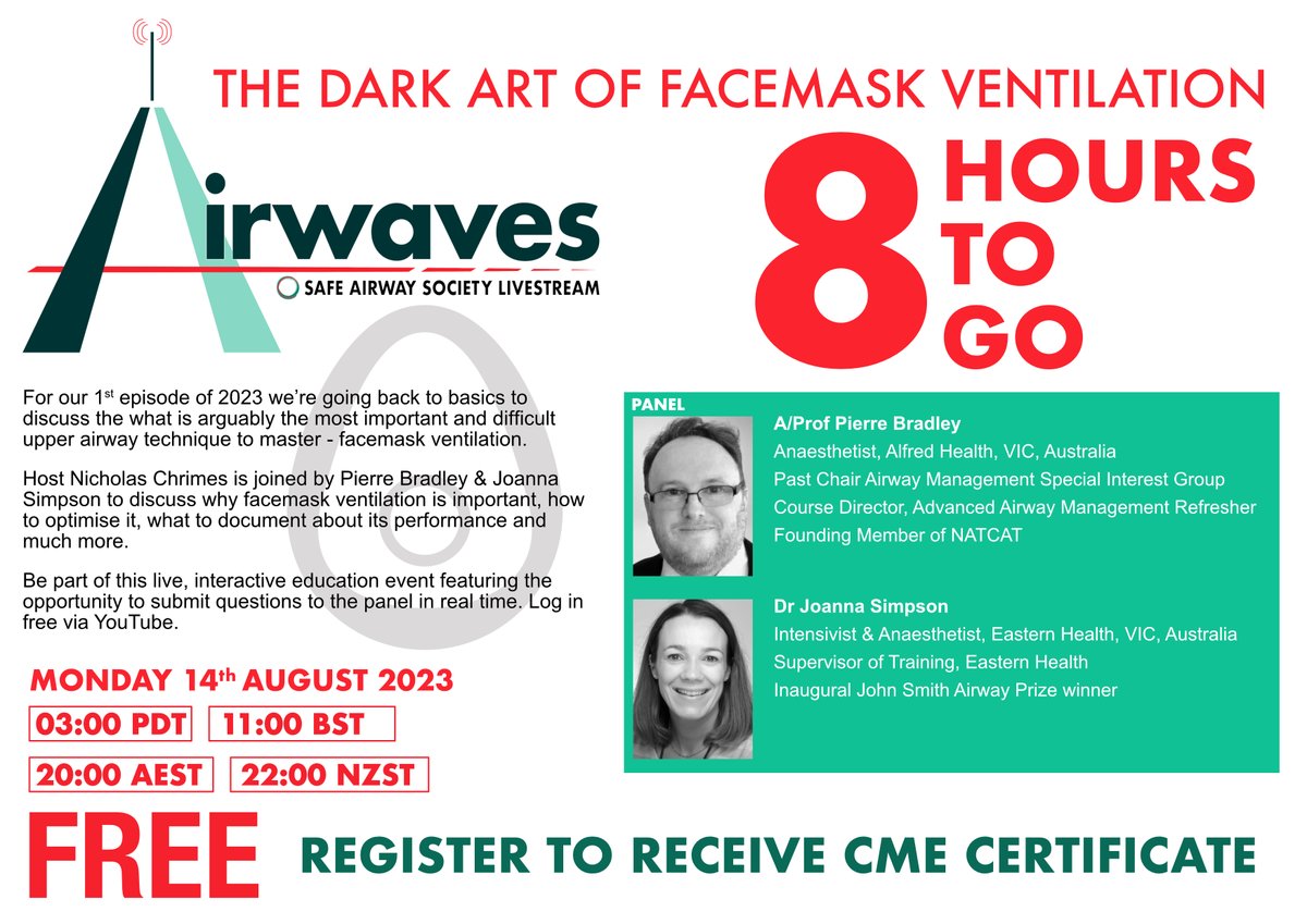 SafeAirway's tweet photo. 8 hours until @NicholasChrimes @lowebrad &amp; @josimpson11 gather to discuss FMV technique, training, equipment, risk evaluation, documentation &amp; more on @AirwavesLive 'The Dark Art of Facemask Ventilation'

Link: https://t.co/5DrCT35Zmv

CME certificate: https://t.co/hZYqmt5WRv https://t.co/sH4WYrSGZg