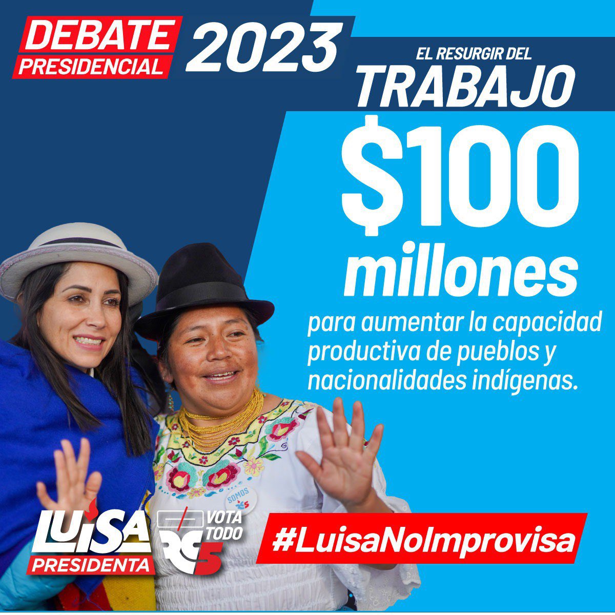 LuisaGonzalezEc's tweet photo. Los pueblos y nacionalidades indígenas son parte del resurgir de la Patria. Invertiremos $100 millones en créditos para aumentar su capacidad productiva. 
#LuisaNoImprovisa #DebatePresidencial2023 https://t.co/JyHMY3BsXl