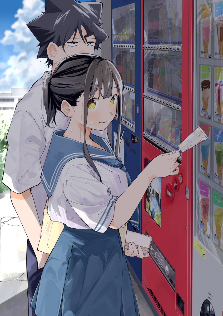 1girl 1boy vending machine school uniform outdoors yellow eyes black hair  illustration images