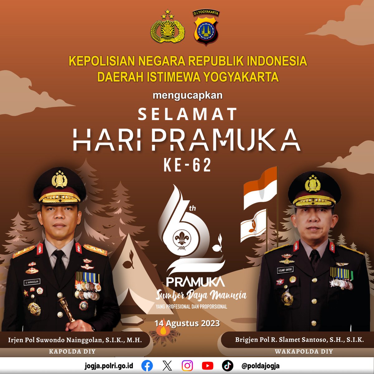 PoldaJogja's tweet photo. Kepolisian Negara Republik Indonesia
Daerah Istimewa Yogyakarta
Mengucapkan

Selamat Hari Pramuka Ke-62

"Sumber Daya Manusia yang Profesional dan Proporsional"

14 Agustus 2023

#PoldaDIY #PoldaJogja #HariPramuka https://t.co/dvwCXNiaAT