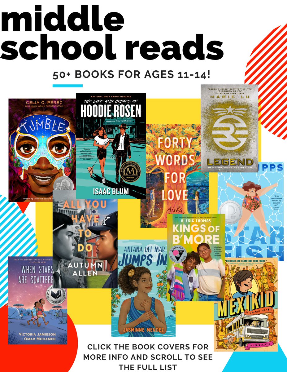 Looking for just right reads for your middle school readers? Explore this booklist of YA & MG reads that are perfect for 11-14 yr old readers from @TorreyMaldonado @allycondie @isaacblum_ @CeliaCPerez @KyleLukoff @aishacs @AutumnAAllen & more! 📚➡️penguinschoollibrary.com/MiddleSchool