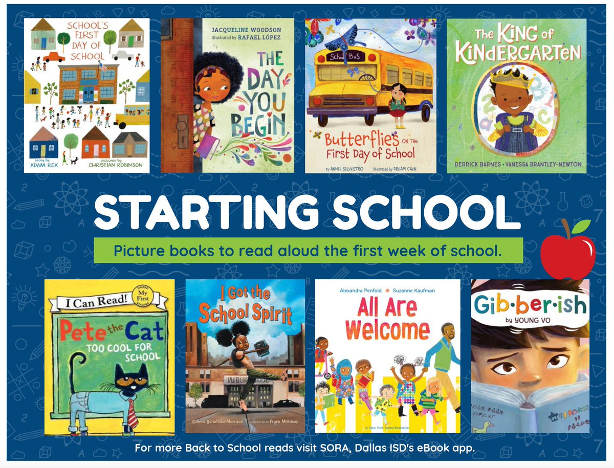DISDLibDirector's tweet photo. Dallas ISD teachers good luck on the first day of school!  We have some great read alouds for you! Visit our Sora ebook platform for a large selection of titles to read on your digital display or check your school library for additional print titles! https://t.co/RtZhMvnrYy https://t.co/f7RnPh8bhj