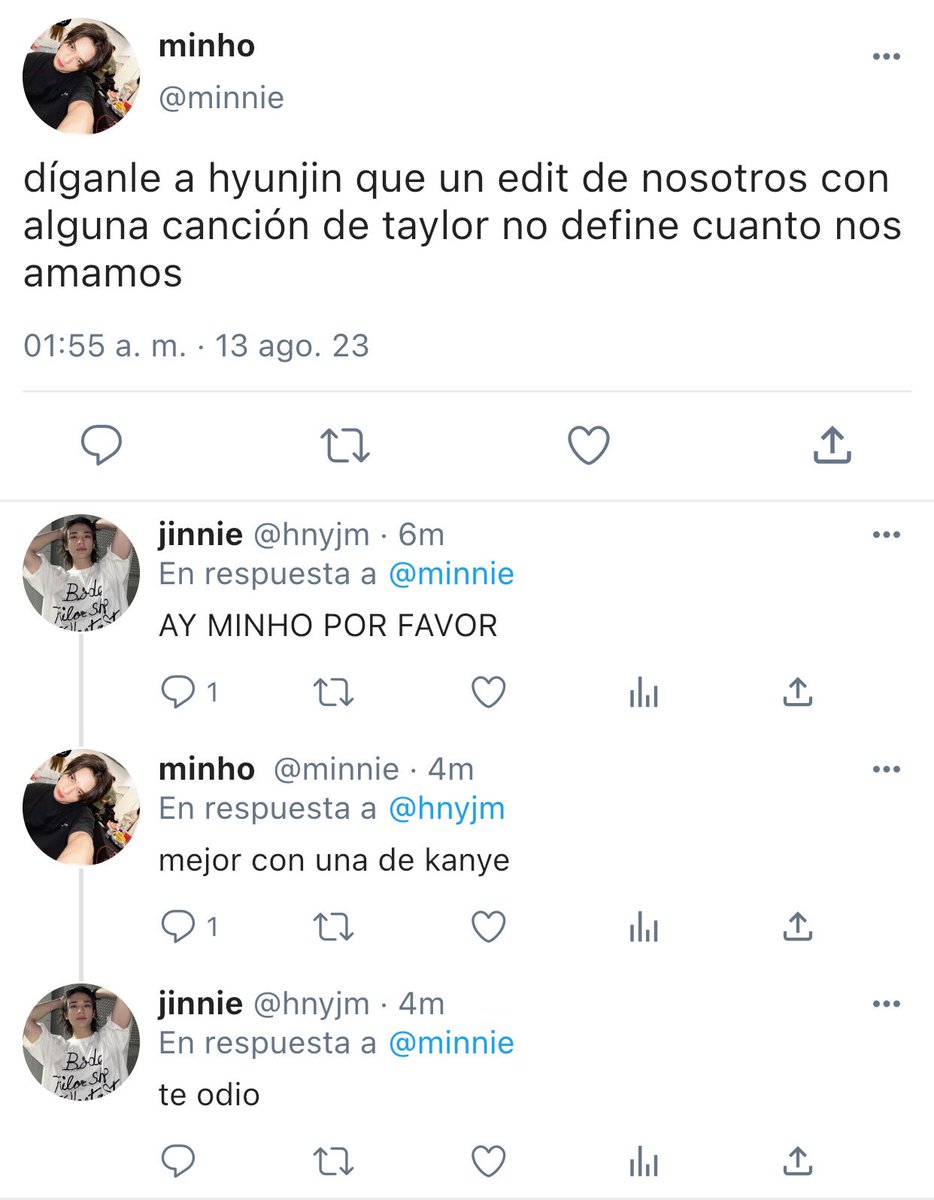 ﾟ*｡★  hyunho o.s ･ﾟ*｡★
donde hynj ama a taylor swift y quiere hacer un edit con su novio pero mnh no comparte esa idea.