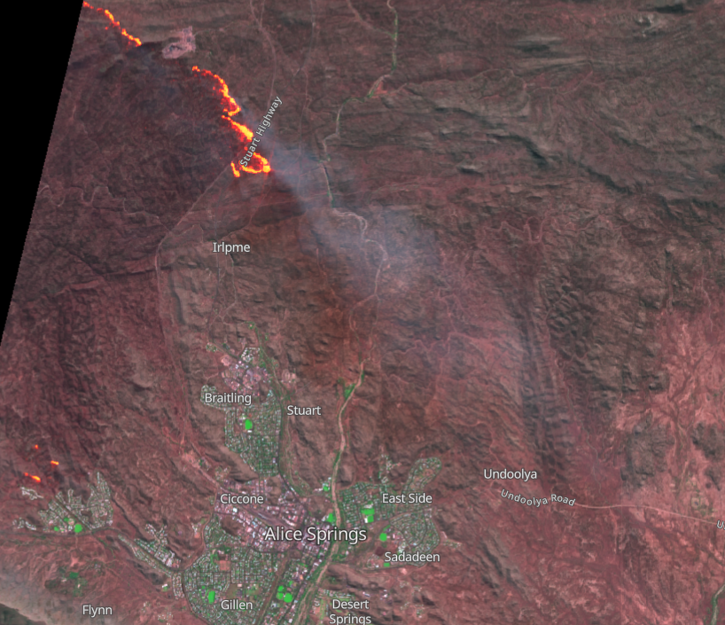 A higher-resolution view of the Alice Springs fire, this #sentinel2 overpass from yesterday morning shortly after the fire jumped the Stuart Highway, also shows some residue burning near the suburb of Larapinta. This imagery is brilliant but less frequent than some other sources