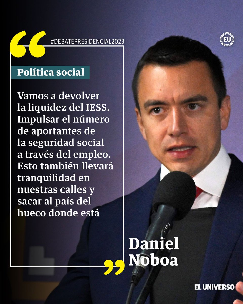 eluniversocom's tweet photo. #DebatePresidencial2023 | El candidato presidencial Daniel Noboa indicó que mejorará los índices de empleo para enfrentar la crisis del IESS, ya que así habrá más aportantes a la seguridad social. https://t.co/f0DX9HX2vS