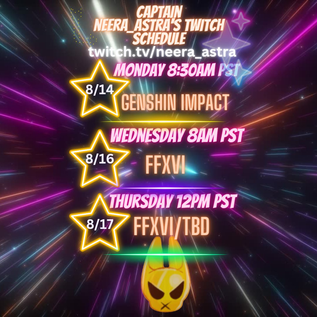 Well Hello There! It's a schedule hitting the Earth's Atmosphere! Always down for some #Genshin_Impact this weeks #Mondaymorning! Plus going into the deep end with #FF16    for this week! Have a delightful week crew! I appreciate you! 💫 #Vtuber
