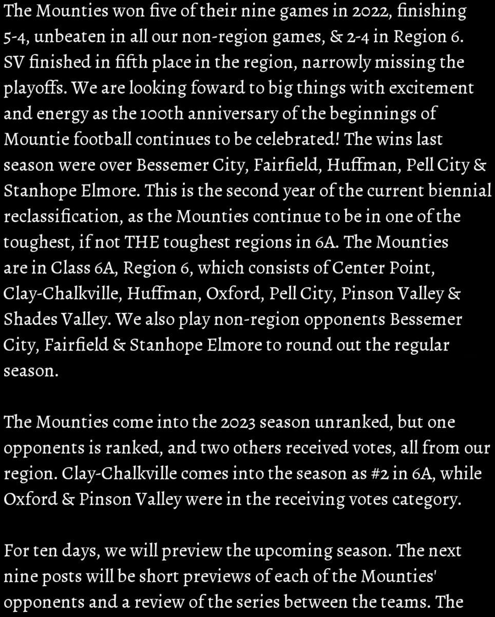 svmounties's tweet image. Welcome to the 12th Annual SV Preseason Football Preview. This is the 1st installment previewing the upcoming 2023 season for SV. For the next 10 days, we will look at the Mounties, each regular season opponent, &amp;amp; a brief review of the series' between the teams. #GoMounties 🔴⚫