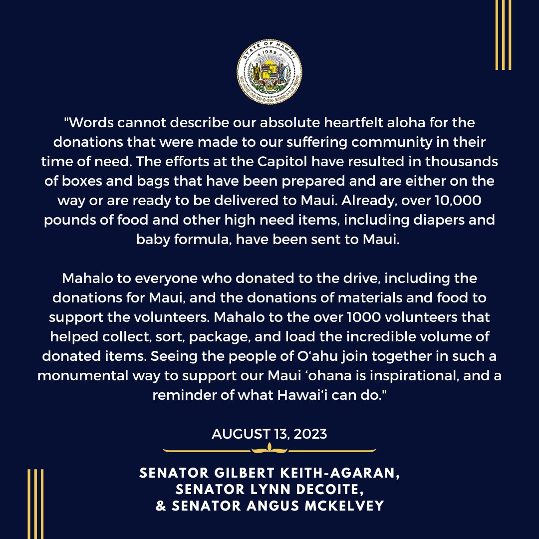 Statement from Maui Senators on the success of the Maui Fire Relief Donation Drive at the State Capitol. Images from the Drive can be found here: 
flickr.com/photos/hawaiis….

#mauistrong