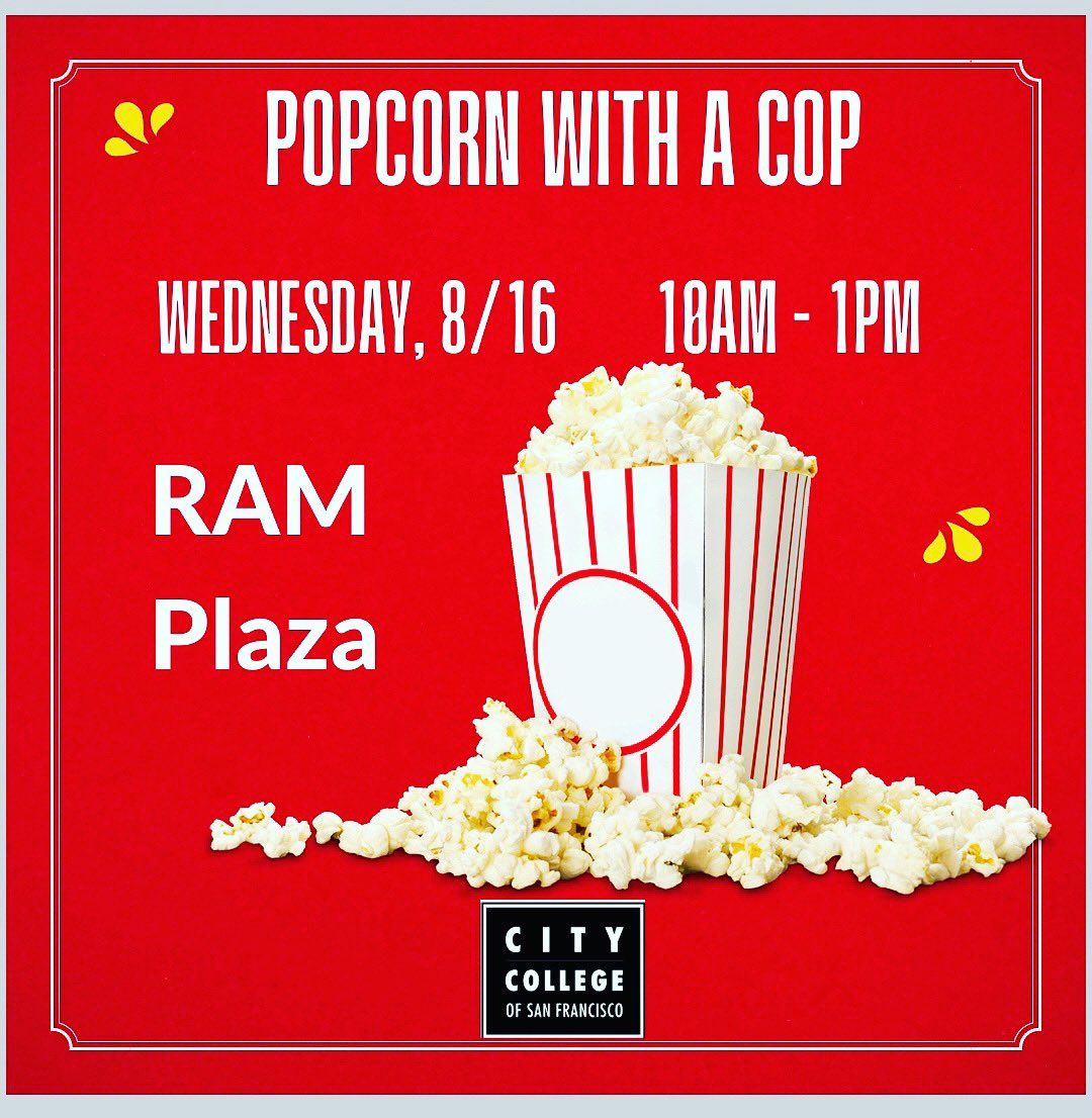 CCSFPD's tweet photo. Come join CCSF PD for delicious popcorn and games!  We officially want to welcome all to the Fall 2023 semester at CCSF! https://t.co/huAp0y511p