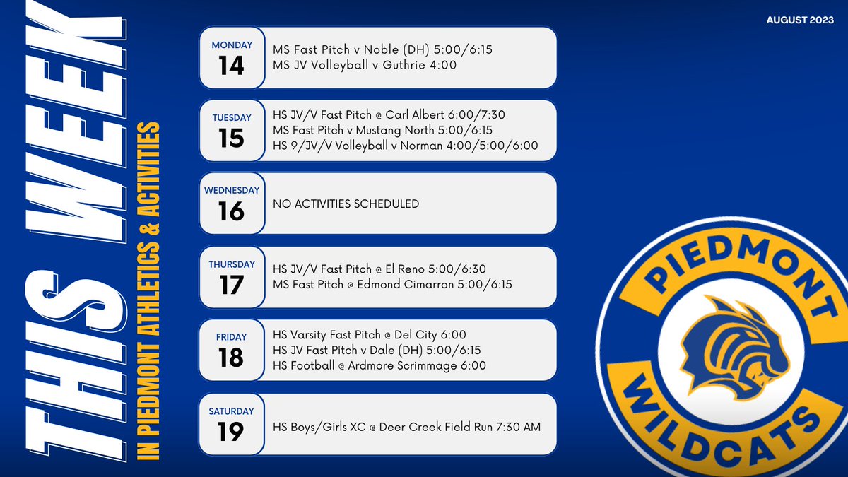 PiedmontSchools's tweet photo. Show your Wildcat PRIDE and support our @PiedmontAth student-athletes this week! ⭐️😺🐾

*Event details are subject to change. Most up-to-date information can always be found here: https://t.co/wAA39akoVi https://t.co/X0WhkjVBGp