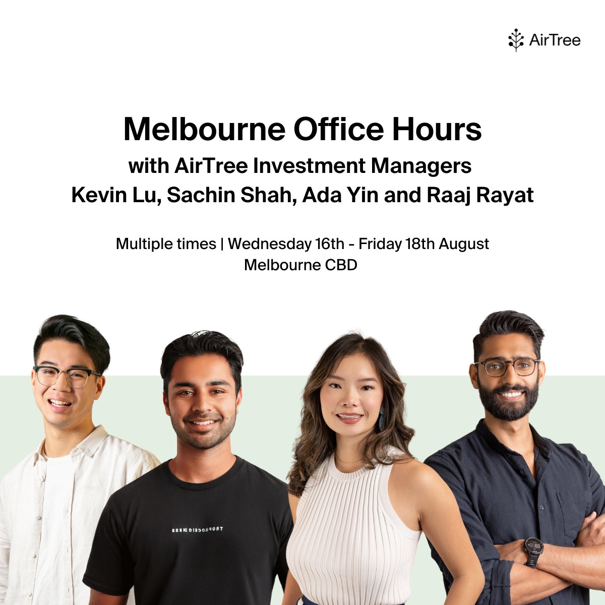AirTree’s coming to Melbourne! 🌳

We’re heading to the coffee capital this week and our IMs have set up office hours to chat with ambitious founders.

👉 Book in time with <a href="/adayintweets/">Ada Yin</a>, <a href="/kevin_jy_lu/">Kev 陆</a>, <a href="/RaajRayat/">Raaj Rayat</a> or <a href="/Sachin_Shah_/">Sachin Shah</a> here: calendly.com/airtreevc