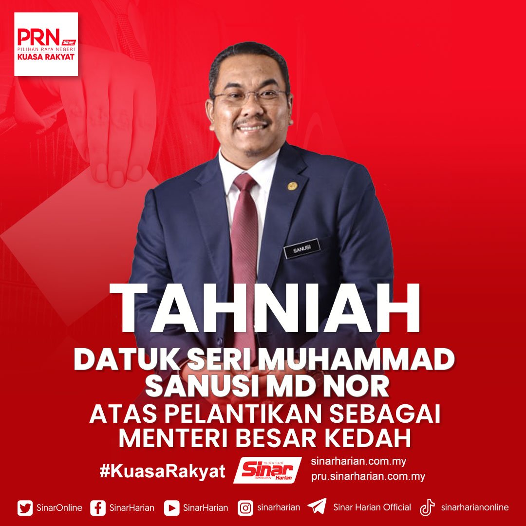 SinarOnline's tweet photo. Tahniah Datuk Seri Muhammad Sanusi Md Nor atas pelantikan sebagai Menteri Besar Kedah ke-15.

Selamat menjalankan tugas YB!

#Sinarharian #Sinarterkini https://t.co/AXjT56wMUm