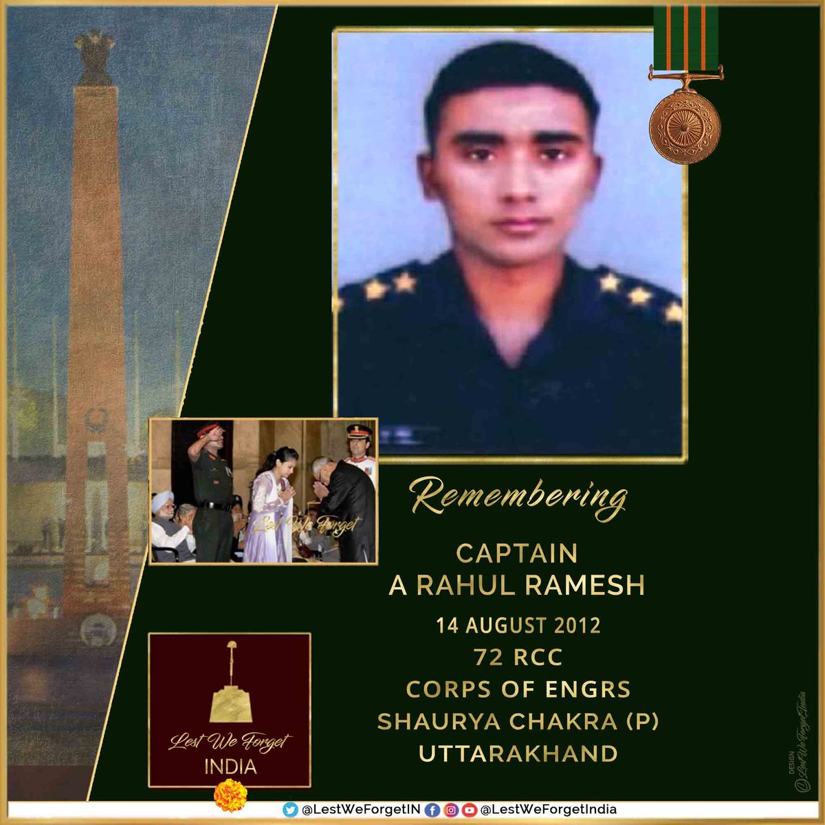 LestWeForgetIN's tweet photo. #LestWeForgetIndia🇮🇳 Captain A Rahul Ramesh, #ShauryaChakra (P) 72 RCC #CorpsOfEngineers made the supreme sacrifice facing a daunting task during road construction during the Uttarakhand floods #OnThisDay 14 August in 2012 

Remember the service &amp; gallantry of the #IndianBrave����️ https://t.co/LEKrpsq8CX