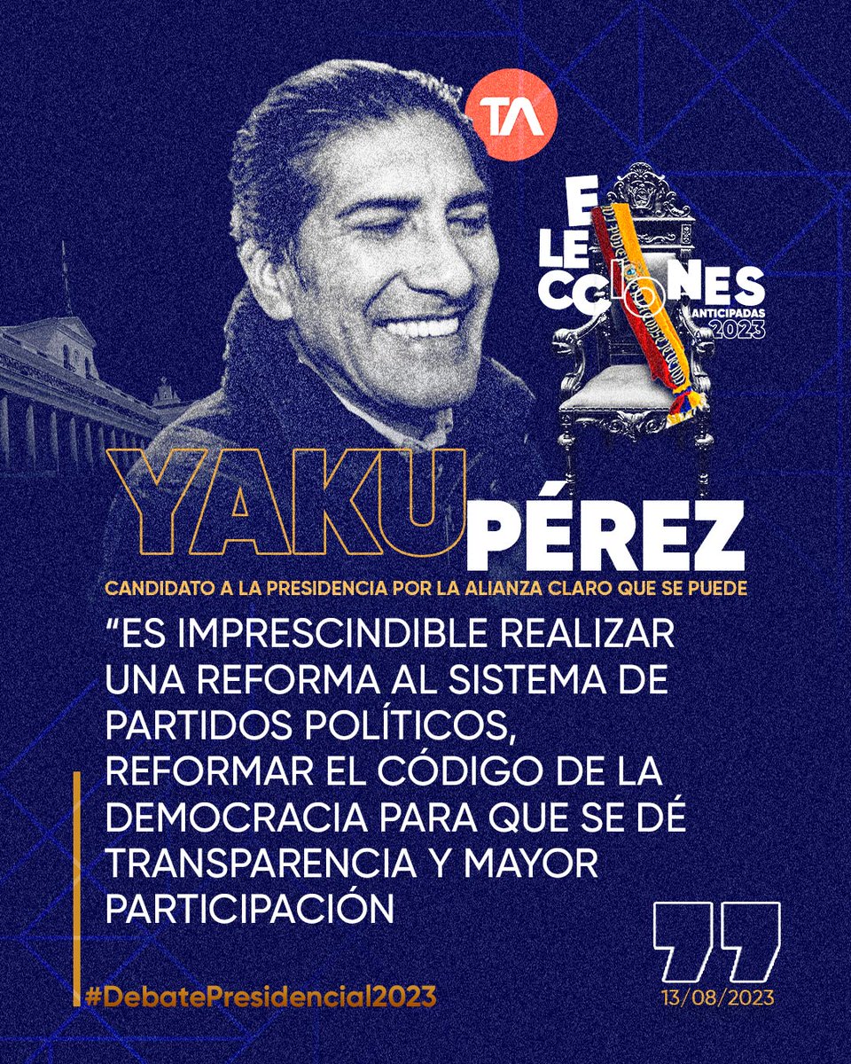 teleamazonasec's tweet photo. #DebatePresidencial2023 l“Es imprescindible que los partidos políticos dejen de ser empresas electorales y permitan la participación a los nuevos líderes.” Yaku Pérez, candidato a la Presidencia por la Alianza Claro que se puede. https://t.co/EkCVKlysM8