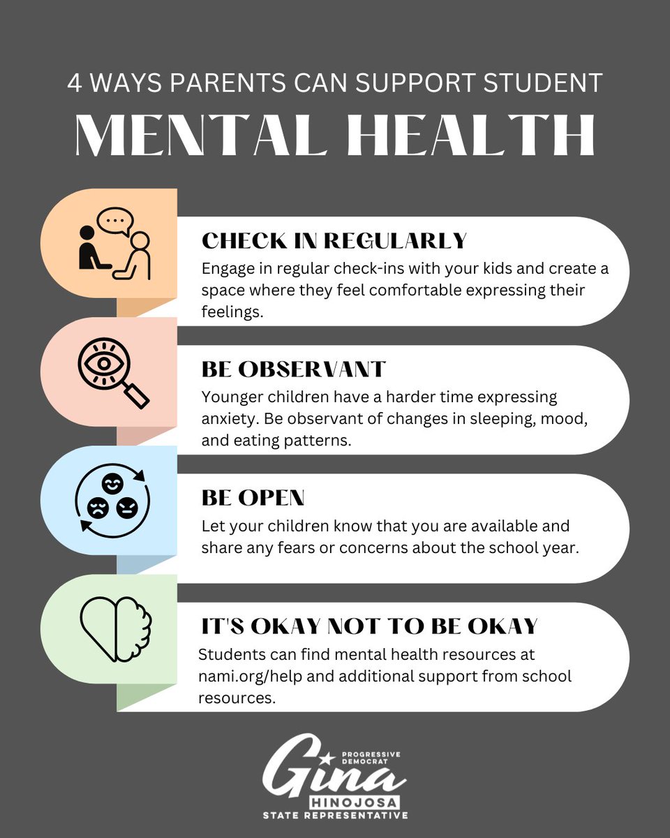 GinaHinojosaTX's tweet photo. As #txed students head back to school today, they may be anxious about the new school year. Here are some tips for parents to help support their child’s mental health needs. You can find more resources  here: https://t.co/hL1uaT2QKx https://t.co/iUPCRupOJY