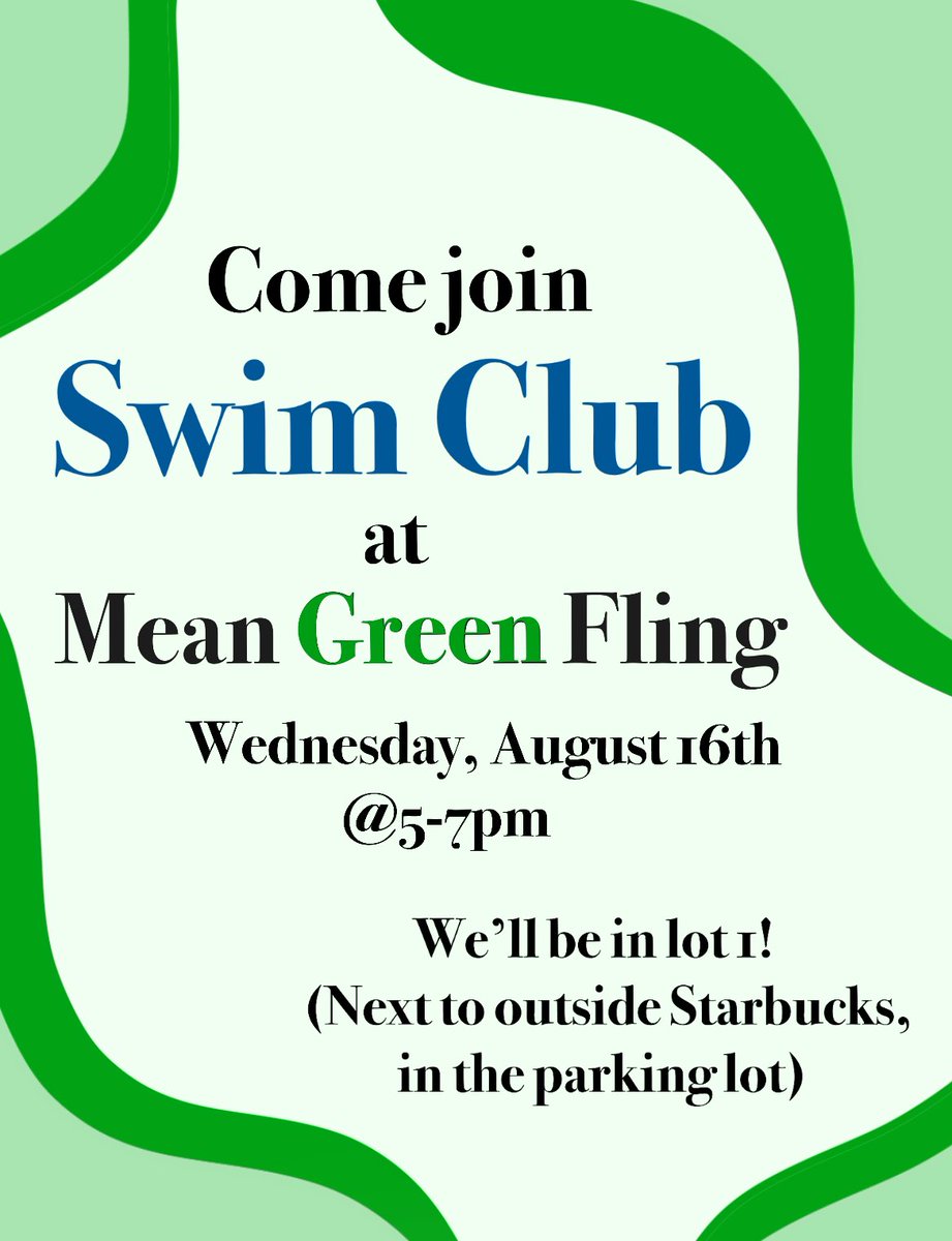UNTSWIMCLUB's tweet photo. Join us at UNT’s mean green fling, Wednesday August 16th from 5-7pm!! https://t.co/SzUNRJlAH7