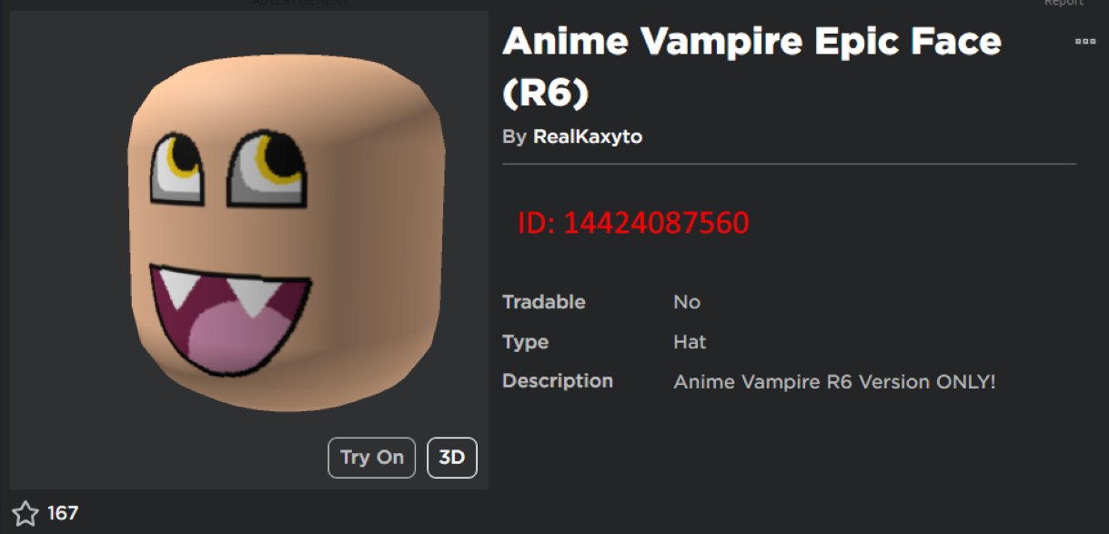 Peak” UGC on X: After being deleted by Roblox moderation, UGC creator  RealKaxyto reuploaded the Epic Vampire Face knockoff. The rest of the  faces in the quoted tweet are still up. #Roblox #