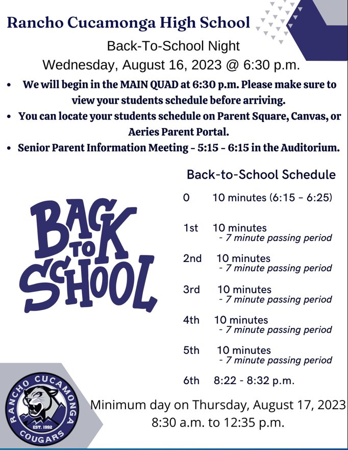Back To School Night
Wednesday, August 16th at 6:30 PM
Looking forward to seeing all the RCHS families.