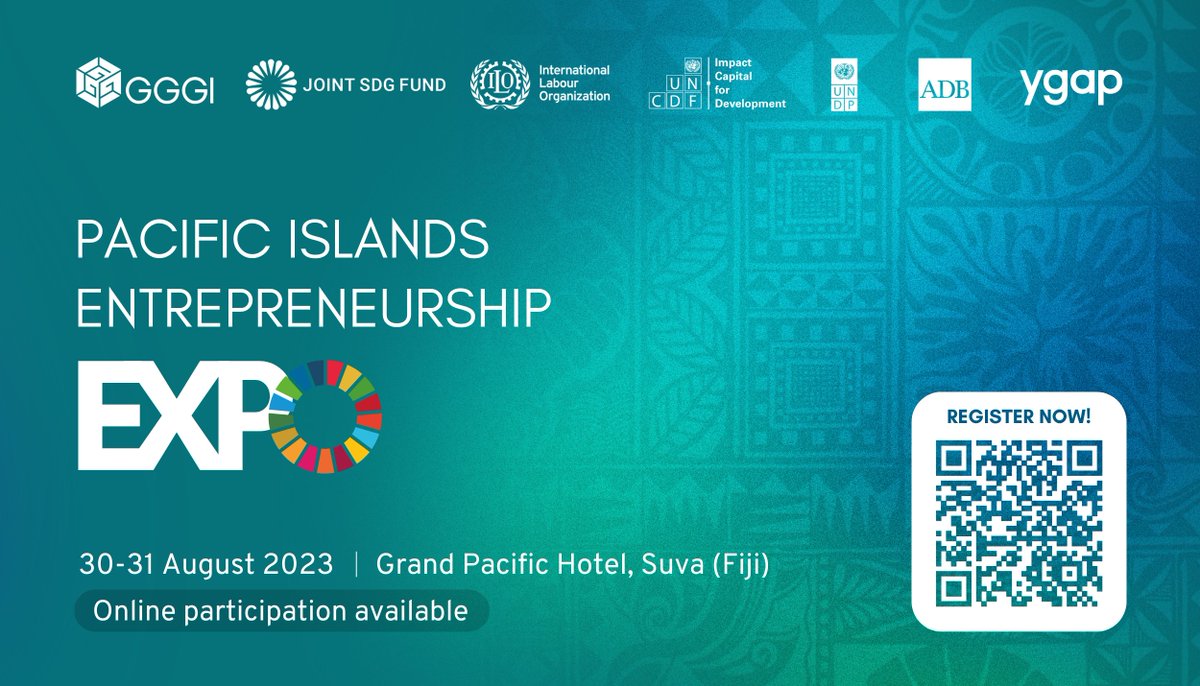 Join the Pacific Islands Entrepreneurship Expo to support #entrepreneurs and strengthen the ecosystem in the #pacific! The Expo is jointly organized by GGGI @gggi_h, <a href="/ilo/">International Labour Organization</a>, <a href="/UNCDF/">UN Capital Development Fund</a>, <a href="/UNDP/">UN Development</a>, <a href="/ADB_HQ/">Asian Development Bank</a> &amp; <a href="/ygap_official/">ygap</a> &amp; takes place in Suva, #Fiji on 30-31 August 2023.