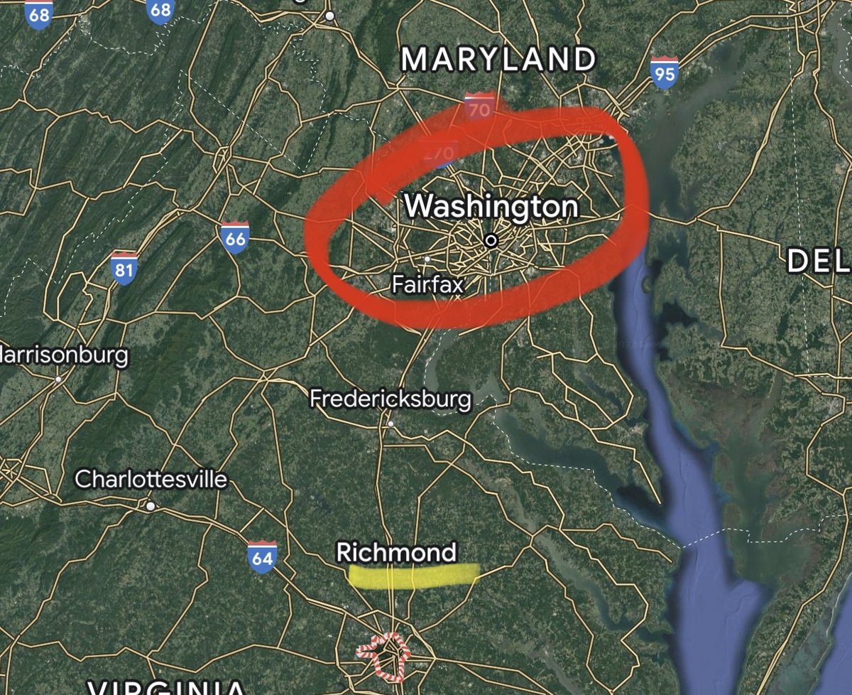 JakeGosselin's tweet photo. This week in geography I learned that Richmond is just down the road from our nation’s capitol. https://t.co/TPdcjhTh5h
