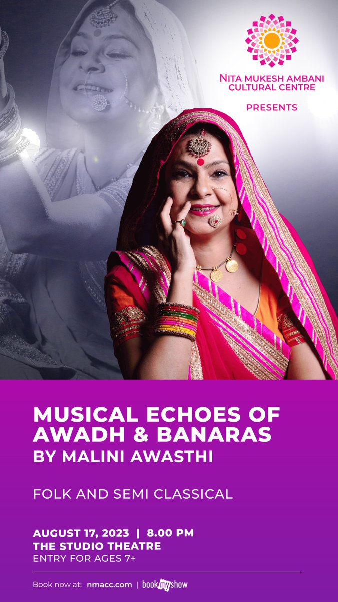 maliniawasthi's tweet image. I invite all music lovers in Mumbai, for a special evening at 8 pm on the 17th August at the #NitaMukeshAmbaniCulturalCentre 
"Musical Echoes of  Awadh and Banaras"
#BanarasMusicGharana
#awadh  #maliniawasthi #nmcc