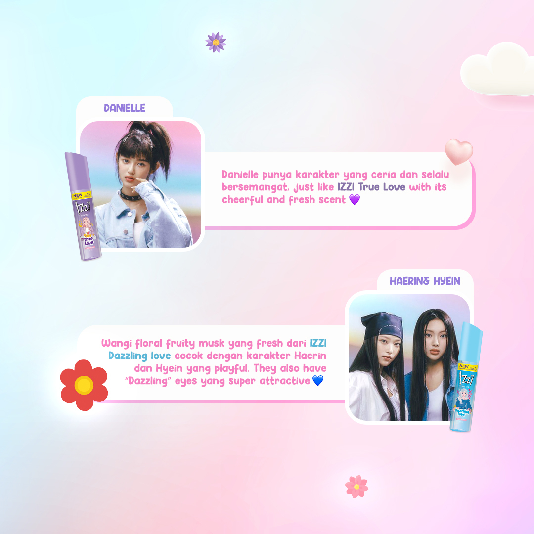 I'm super shy, super shy But wait a minute while I make you mine🫣💞

Mizzi tau gak, ada kemiripan loh antara member New Jeans dengan varian dari IZZI Body Mist😱

Jadi Sesuai gak nih, varian favorite kamu dan bias kamu? 🤭

#IZZIParfum #Loveable #Saranghae #IZZItobeLoveable