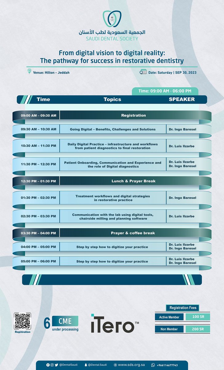 From digital vision to digital reality: 
The pathway for success in restorative dentistry

📅 Saturday | SEP 30, 2023

🏢 Hilton - Jeddah

sds.org.sa/30-sept-mini-s…