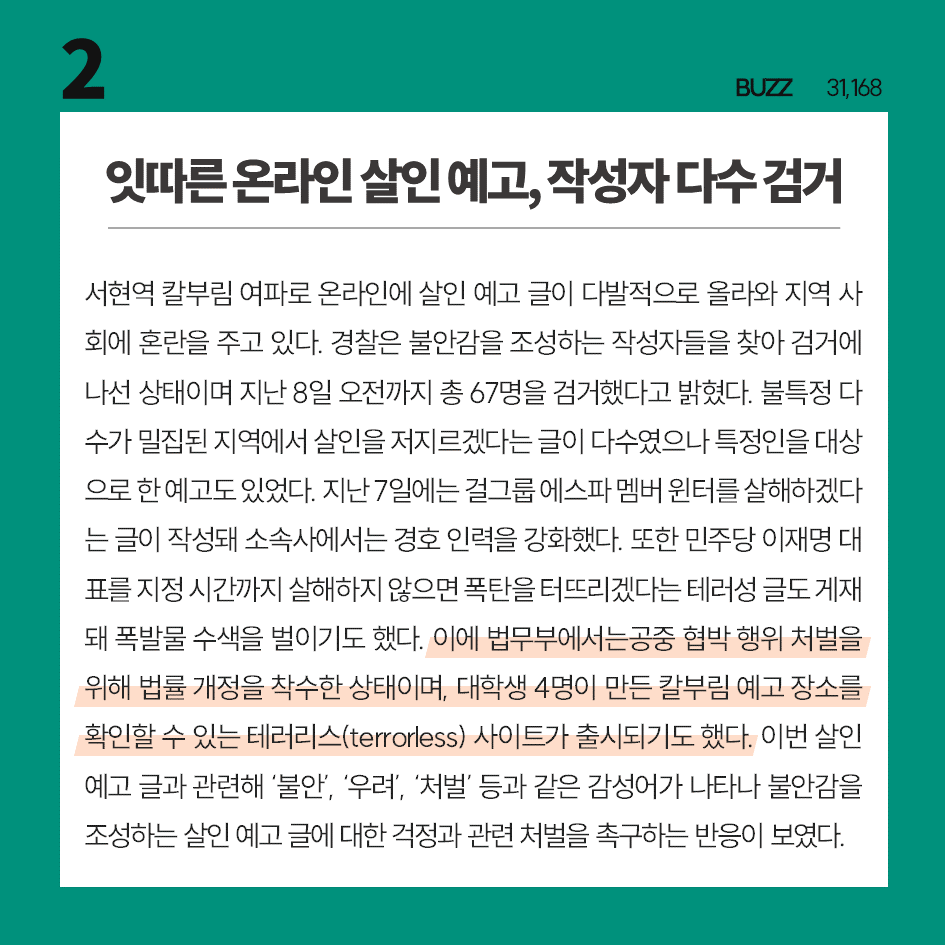 [2023 8월 2주] 빅데이터로 보는 주간이슈 TOP10              타파크로스가 분석한 주간이슈 TOP10입니다                  
3위부터 10위까지의 내용은 홈페이지에서 확인할 수 있습니다📟 
tapacross.co.kr 
#주간이슈TOP10 #타파크로스 #빅데이터 #카눈 #살인예고글 #잼버리콘서트 #최원종
