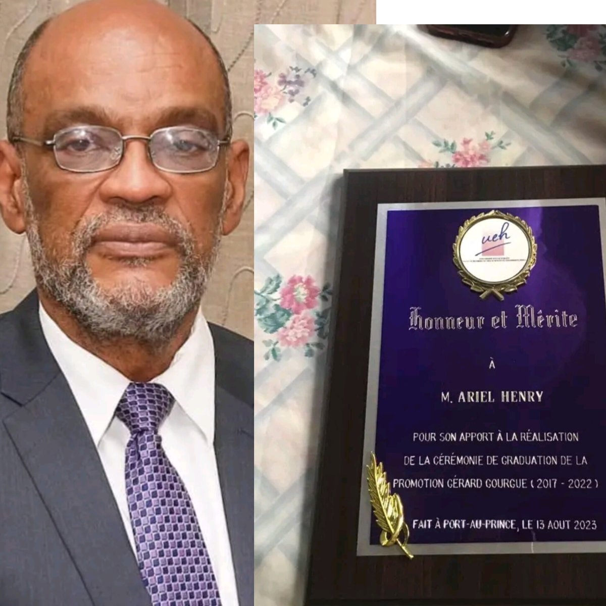 Décrié par plus d'un pour son incapacité à la tête du pays, PM Ariel Henry a été honoré par la faculté de droit et des sciences écononiques de Port-au-prince, pour son apport à la realisation d'une cérémonie de graduation de la promotion Gérard Gourgue(2017-2022), ce 13 août2023.