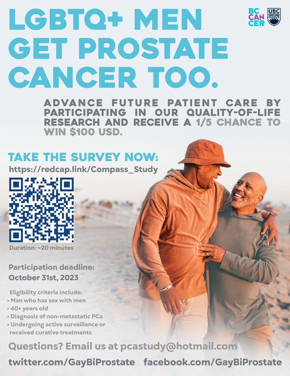 GayBiProstate's tweet image. Attention LGBTQ+ men 40+ with non-metastatic PCa: your voice is vital for better LGBTQ+ cancer care!🌟 Complete our survey by Oct 31, 2023, for a chance to WIN $100 USD. Help bridge the research gap. 
Act now: redcap.link/Compass_Study #LGBTQHealth #ProstateCancerResearch