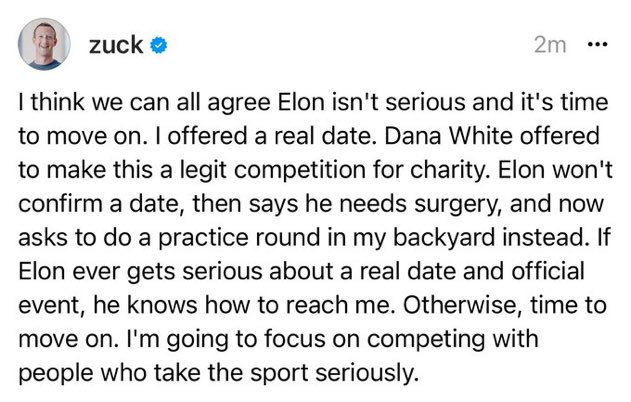 kumarmanish9's tweet photo. Zuck calls the fight off as Musk did not muster the courage to confirm the date !
End of the story.
#MarkVsMusk https://t.co/QLmrpgNIJr