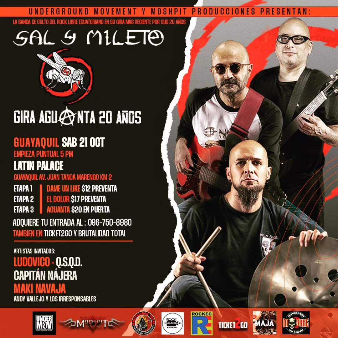 MiletoEc's tweet photo. Este 21/10 Latín Palace #GYE gira 'Aguanta' celebración de los 20 años de la mítica canción de la banda #SalyMileto junto a @Ludovico_rock @jarcores @capitan_najera #MakiNavaja en VIVO!! https://t.co/P7U0ZuH1oR