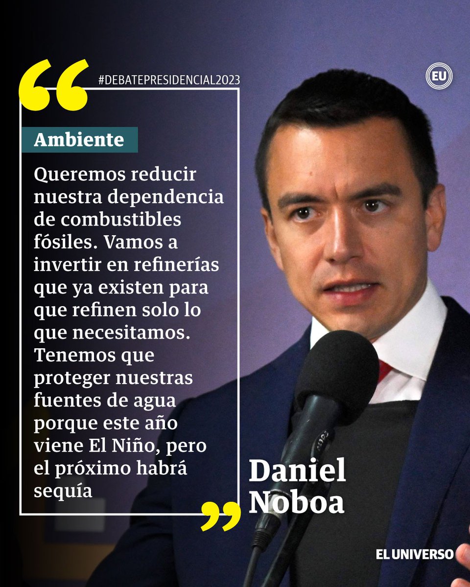 eluniversocom's tweet photo. #DebatePresidencial2023 El candidato presidencial Daniel Noboa afirmó que reducirá la dependencia de los combustibles fósiles en Ecuador. https://t.co/j35gZjuJOG