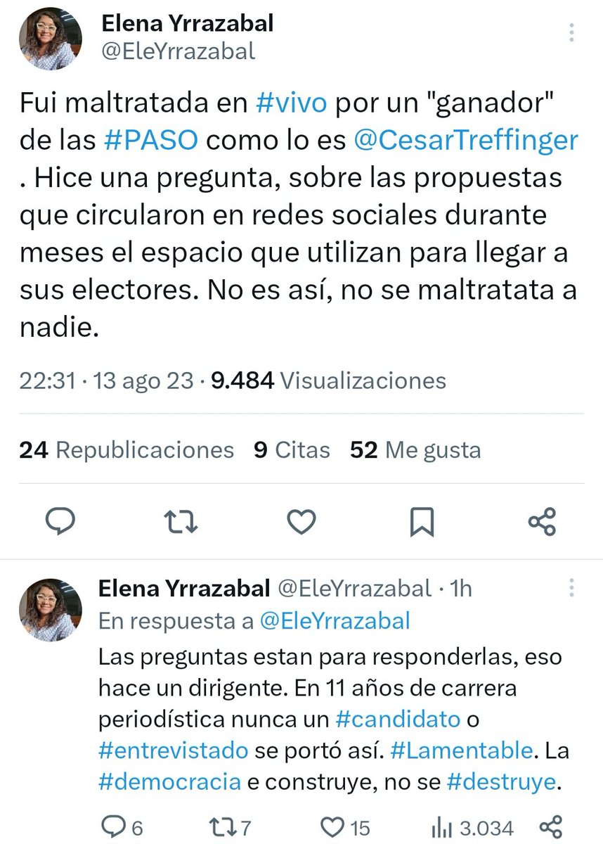 Apoyamos a <a href="/EleYrrazabal/">Elena Yrrazabal</a> ante el comportamiento repudiable de <a href="/CesarTreffinger/">César Treffinger</a> Esperamos escuchar pronto un pedido de disculpa