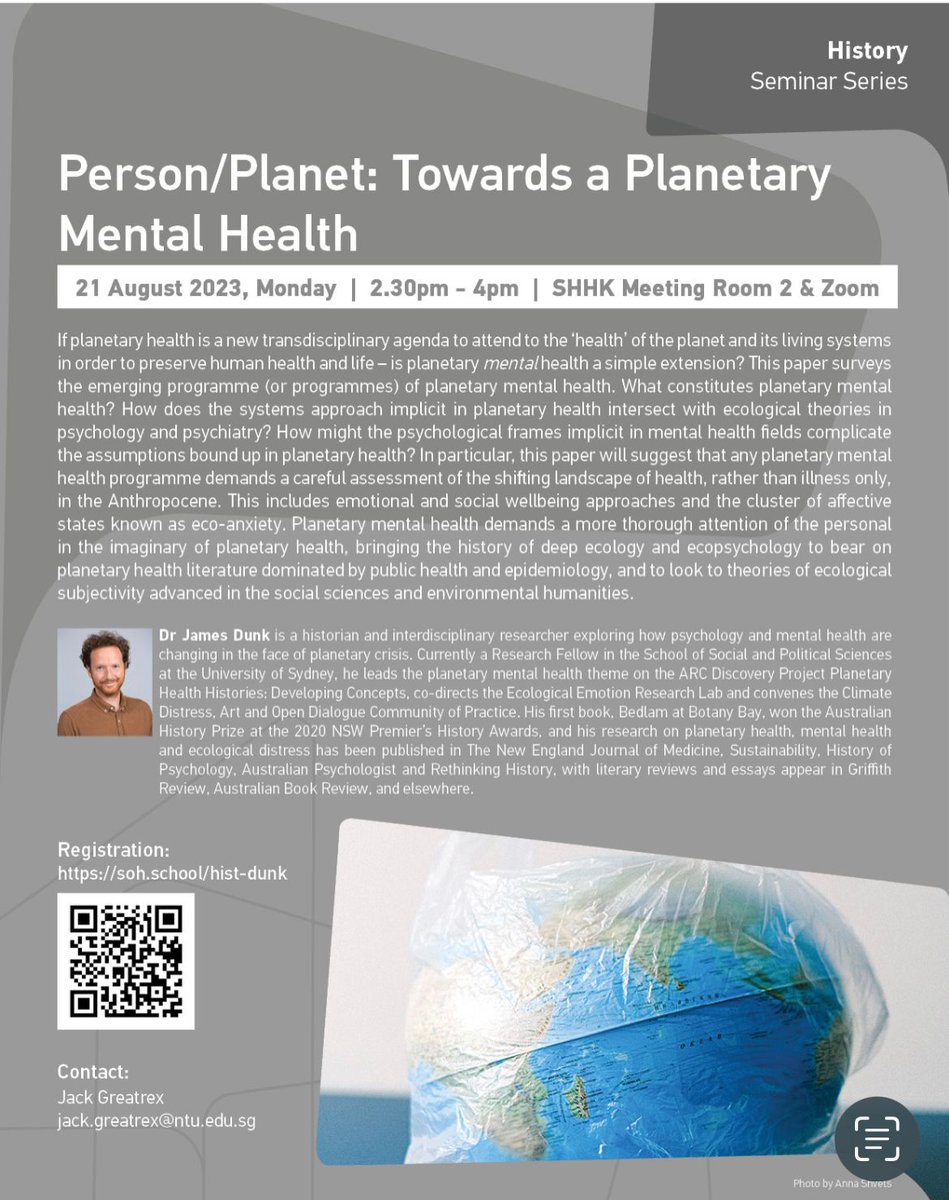 Very excited to be hosting James Dunk discussing planetary mental health at NTU next Monday, 21st August. Please do join in-person in Singapore or via Zoom if not!