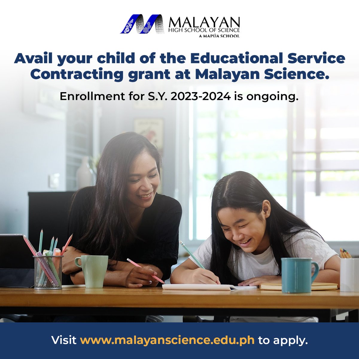 MalayanScience's tweet image. Avail your child of the ESC grant at Malayan High School of Science. Enrollment for S.Y. 2023-2024 is ongoing. New students may choose between fully online and hybrid learning.

Apply now at malayanscience.edu.ph/Applicant.aspx.
