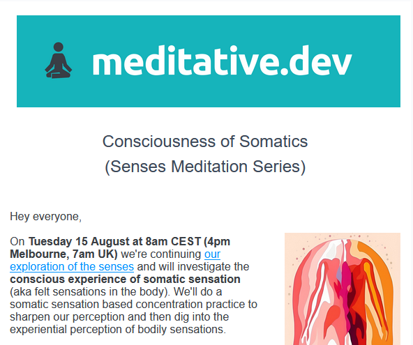 meditative_dev's tweet photo. Join us this Tuesday for the ongoing senses series, this time on somatic sensation. To do so head to our website @ https://t.co/7n4xnYMysq and join our mailing list (which you can always unsubscribe from afterwards if you wish) to get the Zoom link. https://t.co/KhPVcjFrJa