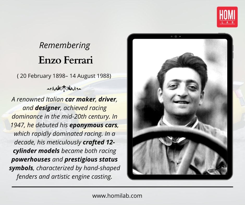 homi_lab's tweet photo. Revving through history: Enzo Ferrari - a racing legend who transformed his passion into powerful 12-cylinder marvels. ๐๏ธ๐ฅ From dominating tracks to defining status, his handcrafted cars are icons of speed and style. ๐โจ #FerrariLegacy #RacingIcon #AutomotivePassion #HomiLab https://t.co/hHn3OPeoIp