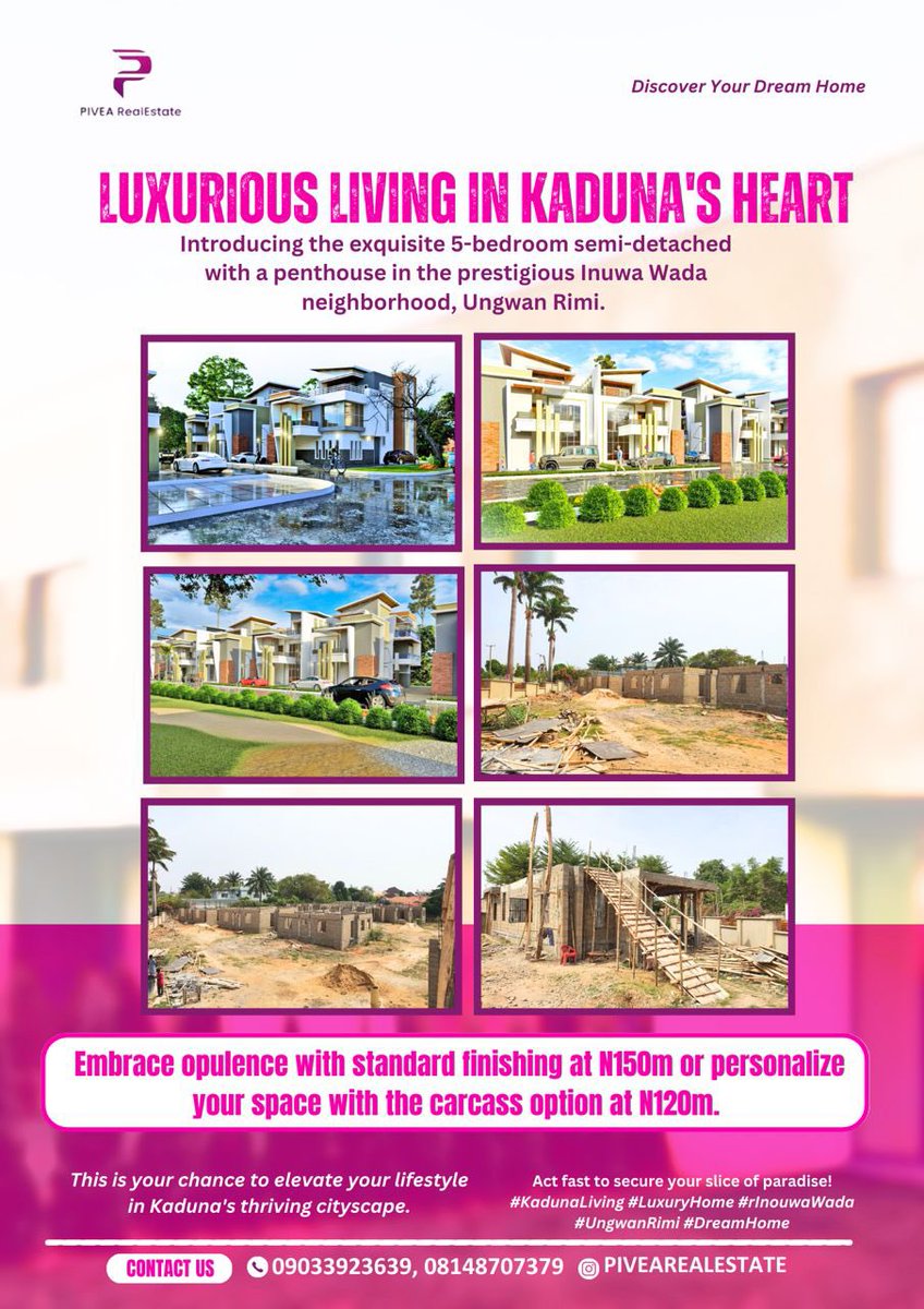 Pivearealestate's tweet photo. 🏠🌇 Luxurious Living in Kaduna's Heart - Discover Your Dream Home! 🏰🌅
🌟 Introducing the exquisite 5-bedroom semi-detached with a penthouse in the prestigious Inuwa Wada neighborhood, Ungwan Rimi. 
🏡 Embrace opulence with standard finishing at N150m or personalize your.. https://t.co/DnptoZudrO