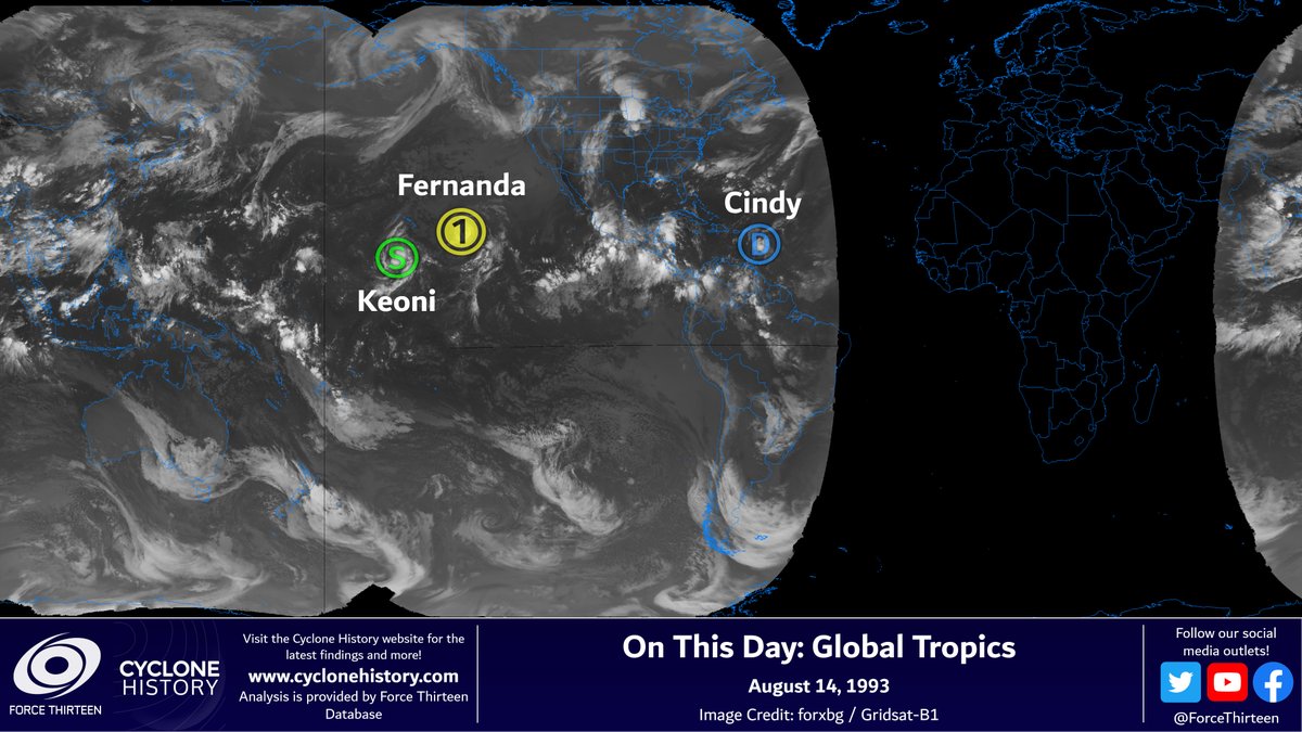 CycloneHistory's tweet photo. #OTD in 1993:
#Keoni was at tropical strom intensity south of #Hawaii and would soon begin to intensify.
#Fernanda was weakening from its Category 4 peak intensity.
Tropical Depression 04L, soon to be Tropical Storm #Cindy was near the #LesserAntilles. https://t.co/FOPzpDt6CJ