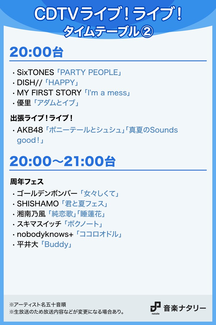 natalie_mu's tweet photo. 本日放送「CDTVライブ」4時間半SPタイムテーブル発表

🔸キスマイ7人体制ラスト出演
🔸Da-iCE×リトグリの名曲コラボ
🔸King &amp; Princeは「ichiban」披露

歌唱曲含むタイムテーブル画像はこちら👇
https://t.co/yQFa60DrEy

#CDTVライブライブ #CDTV #CDTV6時30分スタート https://t.co/SB7PyIsJJA